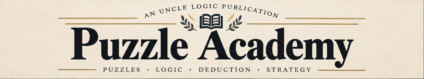 Puzzle Academy, an Uncle Logic publication. Puzzles, logic, deduction, strategy.